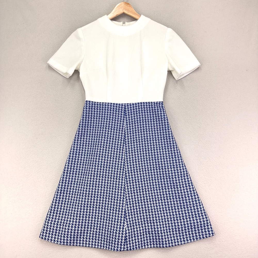 Vintage Handmade Dress Womens S White Blue Houndstooth 60s 70s Mod Retro